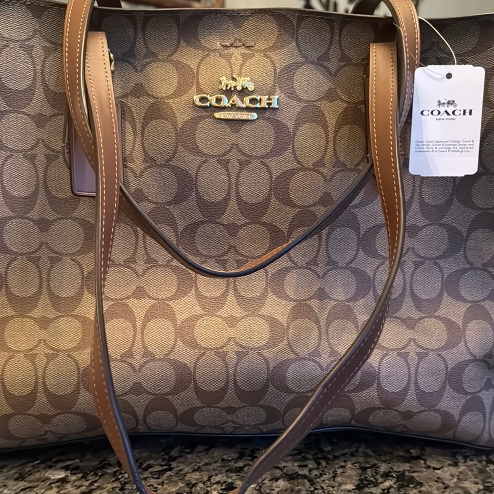 Coach large Avenue Brown coated canvas Monogram Tote Bag with Gold Hardware NWT - Picture 3 of 16